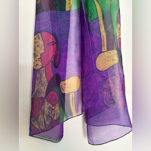 Accessories - Sheer Scarf Picasso Style Wearable Art Lightweight Statement Wrap